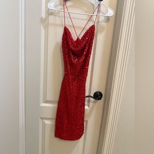 Windsor Red Sequin Slip Dress Cowl Neck Mini